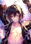  1boy ahoge black_hair collarbone commentary english_commentary genshin_impact looking_at_viewer lying male_focus on_back redcomet short_hair solo yellow_eyes zhongli_(genshin_impact) 
