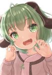  1girl :d animal_ears antenna_hair bangs commentary dog_ears eyebrows_visible_through_hair fangs green_eyes green_hair highres kasodani_kyouko long_sleeves looking_at_viewer medium_hair mukaino_kei open_mouth paw_pose simple_background smile touhou white_background 