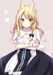  1girl animal_ear_fluff animal_ears bangs beige_background blonde_hair blush bow braid commentary_request crossed_arms hair_bow highres kemonomimi_mode kirisame_marisa long_hair looking_at_viewer parted_bangs paw_print ribbon-trimmed_sleeves ribbon_trim shiki_(s1k1xxx) short_sleeves side_braid simple_background single_braid tail touhou wrist_cuffs yellow_eyes 