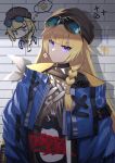  1girl absurdres black_choker black_headwear blonde_hair blue_jacket braid choker closed_mouth earrings eyebrows_visible_through_hair eyewear_on_head girls_frontline graffiti hat highres jacket jewelry jiafei2o3 long_hair looking_at_viewer purple_eyes rubik&#039;s_cube solo vhs_(girls_frontline) 