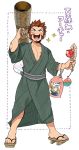  1boy alternate_costume apple bare_pecs beard blue_eyes blush brown_hair candy_apple facial_hair fate/grand_order fate_(series) food fruit full_body green_kimono japanese_clothes kimono male_focus napoleon_bonaparte_(fate/grand_order) open_clothes open_kimono open_mouth pectorals sandals scar shitappa smile sparkle translation_request 