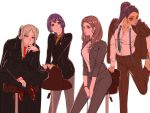  4girls aduti_momoyama alternate_costume bernadetta_von_varley brown_hair closed_mouth crossed_legs dark_skin dark_skinned_female dorothea_arnault earrings edelgard_von_hresvelg facial_mark fire_emblem fire_emblem:_three_houses formal green_eyes grey_eyes high_heels highres jewelry long_hair long_sleeves multiple_girls nail_polish necktie older pants petra_macneary ponytail purple_eyes purple_hair shoes simple_background sitting smile stool suit toe_cleavage white_hair 