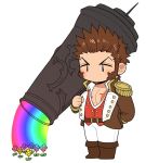 1boy arm_behind_back bare_pecs blank_eyes brown_hair cannon chibi epaulettes facial_hair fate/grand_order fate_(series) flower full_body goatee holding holding_weapon huge_weapon jacket long_sleeves male_focus military military_uniform napoleon_bonaparte_(fate/grand_order) navel no_mouth open_clothes open_jacket pants partially_unbuttoned pectorals rainbow rainbow_gradient scar scar_on_chest shitappa short_hair sideburns solo uniform watering weapon white_background white_pants 