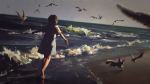  1girl animal barefoot beach bird commentary_request dated fennec_fox fox highres horizon making-of_available ocean original outdoors outstretched_arms overall_skirt seagull short_sleeves signature water waves xiaobanbei_milk 