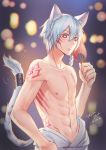  1boy animal_ear_fluff animal_ears blue_hair blurry blurry_background body_markings braid closed_mouth collarbone crash_fever dated eyebrows_visible_through_hair facial_mark fan fingernails hair_between_eyes hand_on_hip holding holding_fan jewelry light_blue_hair looking_at_viewer male_focus male_swimwear navel nipples purple_eyes shirtless signature slit_pupils solo swim_briefs swimsuit swimwear tail tail_ornament tail_ring tenjou_tsuki 