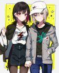  2girls aoba_moca bag bang_dream! baseball_cap black_hair denim green_eyes grey_background hand_in_pocket handbag hat holding_hands jacket jacket_on_shoulders jeans looking_at_viewer mitake_ran mizukikushou multicolored_hair multiple_girls pants pantyhose pencil_skirt red_eyes red_hair short_hair skirt streaked_hair yuri 