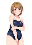  1girl absurdres arm_under_breasts bangs bare_arms bare_shoulders blue_swimsuit blush breast_squeeze breasts brown_hair closed_mouth collarbone competition_school_swimsuit covered_navel covering covering_crotch cowboy_shot embarrassed eyebrows_visible_through_hair furrowed_eyebrows highres holding_arm koizumi_hanayo love_live! love_live!_school_idol_project medium_breasts messy_hair one-piece_swimsuit purple_eyes school_swimsuit shinonon_(iso_shino) shiny shiny_clothes shiny_hair shiny_skin shiny_swimsuit short_hair simple_background skin_tight skindentation solo spaghetti_strap swept_bangs swimsuit thick_thighs thighs white_background 