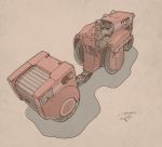  1boy artist_name beige_background driving from_above from_behind gaimoon helmet original science_fiction tractor vehicle_focus 