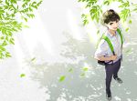  1boy :d backpack bag belt black_hair day full_body highres leaf looking_at_viewer open_mouth original outdoors pants shirt shoes short_sleeves smile sneakers solo sunlight white_shirt yuu_(higashi_no_penguin) 