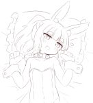  1girl :d animal_ear_fluff animal_ears bangs bare_shoulders bed_sheet blush bunny_ears collar collarbone eyebrows_visible_through_hair frilled_pillow frills greyscale hands_up head_tilt heart highres leotard long_hair looking_at_viewer lying masurao_(sekaiju) monochrome naga_u on_back open_mouth pillow ponytail sekaiju_no_meikyuu sekaiju_no_meikyuu_5 short_eyebrows simple_background sketch smile solo strapless strapless_leotard thick_eyebrows white_background wrist_cuffs 