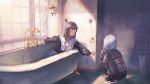  2girls :d absurdres bathtub black_jacket claw_foot_bathtub closed_eyes day facing_another highres indoors jacket kyarage_(soda) long_sleeves multiple_girls open_mouth original plant potted_plant red_neckwear scenery silver_hair sitting smile squatting toilet window 