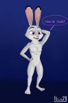  2020 anthro athletic athletic_anthro athletic_female breasts butt_from_the_front claws digital_drawing_(artwork) digital_media_(artwork) disney english_text female genitals hand_behind_head hand_on_hip hi_res judy_hopps lagomorph leporid mammal nico21 nude open_mouth presenting pussy rabbit simple_background solo speech_bubble standing teeth text toes zootopia 