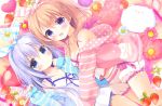  aono_ribbon blue_eyes blue_hair blush bow breasts brown_hair cleavage cropped flat_chest flowers food fruit gochuumon_wa_usagi_desu_ka? headband hoodie hoto_cocoa hug kafuu_chino long_hair pajamas purple_eyes ribbons short_hair shorts shoujo_ai strawberry tippy_(gochiusa) waifu2x 