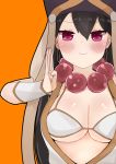  1girl :3 bangs bead_necklace beads bikini black_hair black_headwear blush breasts cleavage closed_mouth earrings eyebrows_visible_through_hair fate/grand_order fate_(series) hair_between_eyes hand_up hat highres hoop_earrings i.u.y jewelry large_breasts long_hair looking_at_viewer necklace orange_background prayer_beads purple_eyes simple_background solo swimsuit upper_body very_long_hair white_bikini xuanzang_(fate/grand_order) 