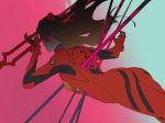  1girl blood bodysuit brown_hair floating_hair from_side gradient gradient_background hand_up headgear highres impaled lance lance_of_longinus long_hair neon_genesis_evangelion plugsuit polearm sankomichi solo souryuu_asuka_langley two-tone_background weapon 