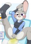  anthro baby_powder baby_wipes blush bodily_fluids bulletproof_vest changing_mat clothing covering covering_crotch diaper diaper_change disney female genital_fluids judy_hopps lagomorph leporid long_ears looking_at_viewer mammal nyanyakotarou one_leg_up open_diaper open_mouth police_officer police_uniform rabbit raised_leg smile solo spread_legs spreading sweat teeth topwear uniform urine vest wet_diaper wetting zootopia 