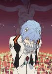  1girl absurdres ayanami_rei blue_hair bodysuit closed_eyes cross crucifixion hands_up highres impaled lance lance_of_longinus lilith_(evangelion) neon_genesis_evangelion plugsuit polearm red_background sankomichi short_hair solo spoilers weapon white_bodysuit 