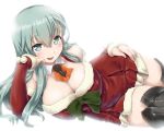  1girl breasts dd_(ijigendd) detached_sleeves dress fur-trimmed_dress fur-trimmed_sleeves fur_trim green_eyes green_hair highres kantai_collection large_breasts long_hair long_sleeves lying on_side red_dress red_sleeves santa_costume santa_dress short_dress solo suzuya_(kantai_collection) thighhighs 