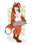  ambiguous_gender anthro baking baking_sheet breasts canid canine canis christmas christmas_clothing christmas_headwear clothing cookie ear_piercing female food fox handwear hat headgear headwear holidays mammal nicnak044 nipples oven_mitts piercing santa_hat solo 