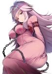  1girl ass bangs blush bound breasts chain code_geass collar commentary_request eyebrows flipped_hair hand_on_own_ass highres long_hair medium_breasts migumigu pink_hair purple_eyes sidelocks solo straitjacket twitter_username white_background 