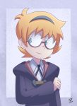  1girl absurdres blonde_hair blue_eyes collared_shirt freckles glasses grey_background hairband highres little_witch_academia looking_to_the_side lotte_jansson nervous nervous_smile shirt short_hair signature simple_background smile sp2233 uniform 