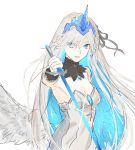  1girl angel_wings blue_eyes blue_hair breasts bright_pupils colored_inner_hair crystar dress feathered_wings gloves grey_dress grey_ribbon hair_ribbon hatada_rei holding holding_sword holding_weapon horns looking_at_viewer low_wings multicolored_hair ribbon sankomichi simple_background single_horn small_breasts solo starry_sky_print strapless strapless_dress sword two-tone_hair weapon white_background white_gloves white_hair white_pupils white_wings wings 