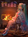  1girl aqua_eyes aqua_hair asymmetrical_legwear bare_shoulders blue_legwear blurry blurry_background chair character_doll commentary cup detached_sleeves dress fireplace full_body fur-trimmed_dress fur-trimmed_footwear fur-trimmed_sleeves fur_trim hair_ornament hairclip hatsune_miku headphones highres holding holding_cup kagamine_len kagamine_rin kaito long_hair looking_at_viewer macha_3939 magical_mirai_(vocaloid) megurine_luka meiko mismatched_footwear rocking_chair rug single_thighhigh sitting sleeveless sleeveless_dress smile star_(symbol) star_print steam thighhighs twintails very_long_hair vocaloid wide_sleeves 