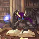  1:1 bat_wings book bookshelf fangs focused frown furniture gel_pony goo_creature hair hi_res horn humanoid_pointy_ears library magic male membrane_(anatomy) membranous_wings nipples pencil_(disambiguation) pink_hair plantigrade pony-straponi ponytail reading reading_book ryonez_coruscare scowl semi-transparent_skin sun_beams table wings ych_result 