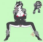 2019 animal_genitalia animal_pussy anthro bikini bikini_top black_body bottomless breasts cleavage clothed clothing female foxymcloxy front_view full-length_portrait fur genitals green_background grey_body grey_fur hi_res mammal mustelid nintendo obstagoon pok&eacute;mon pok&eacute;mon_(species) portrait presenting presenting_pussy pussy red_eyes simple_background sitting solo spread_legs spreading swimwear tongue tongue_out video_games 
