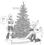  2boys bare_shoulders box christmas_tree commentary d_futagosaikyou decorating detached_sleeves greyscale headphones kagamine_len kagamine_len_(append) kneeling leg_warmers male_focus monochrome multiple_boys multiple_persona pulling sailor_collar shirt short_sleeves shorts sleeveless sleeveless_shirt spiked_hair star_(symbol) star_ornament thought_bubble vocaloid vocaloid_append white_background 