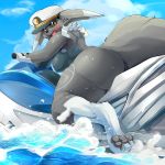  1:1 absurd_res anthro big_breasts big_butt breasts butt clothed clothing digimon digimon_(species) female fur grey_body grey_fur hi_res huge_butt hurikata jet_ski mammal renamon solo swimwear thick_thighs 