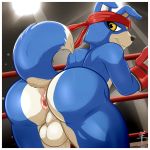  1:1 aaron_(artist) accessory anthro anus backsack balls bent_over big_butt blue_body blue_fur bodily_fluids boxing_gloves boxing_gloves_only butt canid canine clothing curled_tail digimon digimon_(species) dipstick_tail fighting_ring fur gaomon genitals handwear headband hi_res light_ray looking_back male mammal multicolored_body multicolored_fur multicolored_tail perineum presenting presenting_anus presenting_balls presenting_hindquarters smile solo standing sweat two_tone_body two_tone_fur white_body white_fur yellow_eyes 