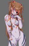 1girl absurdres bangs blue_eyes bodysuit breasts brown_hair commentary_request covered_navel evangelion:_3.0+1.0_thrice_upon_a_time eyepatch gloves gradient gradient_hair grey_background hair_ornament hand_up highres interface_headset long_hair long_sleeves looking_at_viewer medium_breasts multicolored_hair neon_genesis_evangelion plugsuit rebuild_of_evangelion shikinami_asuka_langley shiny shiny_hair simple_background skin_tight solo souryuu_asuka_langley tied_hair turtleneck white_bodysuit yamashita_shun&#039;ya 