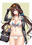  1girl absurdres bag bangs bikini breasts brown_hair cleavage collarbone eyebrows_visible_through_hair eyewear_on_head food food_in_mouth fruit girls_frontline hand_on_eyewear highres jiafei2o3 js_9_(girls_frontline) long_hair looking_at_viewer mechanical_arm medium_breasts mole mole_under_eye mouth_hold navel popsicle red_eyes simple_background solo sunglasses swimsuit watermelon white_bikini white_swimsuit 