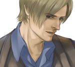  1boy blonde_hair cang_fade close-up curtained_hair green_eyes leon_s_kennedy male_focus parted_lips portrait resident_evil resident_evil_6 solo vest 