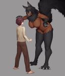  1boy 1girl animal_ear_fluff animal_ears black_hair blue_eyes breasts breath cinko dark_skin height_difference highres nude original paws plump simple_background size_difference tail tall_female wolf_ears wolf_girl wolf_tail 