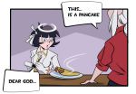  2girls absurdres angel azazel_(helltaker) black_hair blue_eyes cross crossover demon_girl dish english_text food frank_araya halo helltaker highres holding holding_notepad lucifer_(helltaker) multiple_girls notepad pancake pencil short_hair speech_bubble table team_fortress_2 white_hair writing 