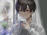  1boy bishounen blowing blue_eyes blush brown_hair condensation cup curtains dripping flower hair_between_eyes highres holding holding_cup hydrangea indoors liquid male_focus mug original plant purple_flower rain reflection sleeves_past_wrists solo steam upper_body vumiposu water_drop wet window 