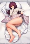  1girl absurdres bare_legs barefoot bed bed_sheet breasts covered_nipples dress fate/grand_order fate_(series) feet full_body highres large_breasts legs long_hair looking_at_viewer lying ninainaidesss no_bra no_panties on_side pillow purple_hair red_eyes scathach_(fate)_(all) scathach_(fate/grand_order) soles sweater sweater_dress toes 