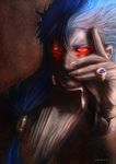  1boy absurdres alternate_costume angry artist_name beads blue_hair bracelet closed_mouth collared_shirt cu_chulainn_(fate)_(all) cu_chulainn_alter_(fate/grand_order) dark_persona earrings facepaint fate/grand_order fate_(series) fingernails glowing glowing_eyes graphite_(medium) hair_beads hair_ornament hand_on_own_face highres jewelry long_hair looking_at_viewer macha_(drawing_macha) male_focus ponytail red_eyes ring sharp_fingernails shirt slit_pupils solo spiked_hair traditional_media type-moon 