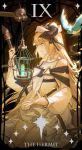  1girl absurdres arknights bare_shoulders bird birdcage blonde_hair bluebird bonnet cage chin_strap highres holding holding_staff horns horns_through_headwear kotatsu_kaya light long_hair looking_at_viewer nightingale_(arknights) staff sweater tarot white_headwear 