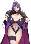  1girl akikusa_peperon armor blush breasts cape circlet cleavage crystal_earrings earrings gloves hair_intakes huge_breasts jewelry long_hair looking_at_viewer naga_the_serpent navel pauldrons purple_eyes purple_hair revealing_clothes shoulder_armor shoulder_spikes skull skull_necklace slayers smile solo spikes 