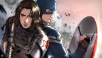  2boys back-to-back black_hair blue_eyes body_armor brown_hair cang_fade captain_america facial_hair green_eyes gun highres james_buchanan_barnes long_hair marvel mechanical_arm multiple_boys prosthesis prosthetic_arm shield steve_rogers stubble superhero weapon 