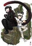  2girls african_wild_dog_(kemono_friends) african_wild_dog_print animal_ears arch black_dress black_footwear black_gloves black_hair blush boots bow bowtie closed_eyes commentary_request dog_ears dog_tail dress eating elbow_gloves eyebrows_visible_through_hair food food_on_face gloves godzilla_(series) godzilla_(shin) hairband highres holding holding_food japari_bun kemono_friends kishida_shiki legwear_under_shorts long_tail multiple_girls open_mouth pantyhose personification plant scales scarf sharp_teeth shin_godzilla shorts sidelocks signature smile stairs tail teeth vines white_background 