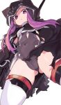  1girl animal_hood ass_visible_through_thighs cameltoe cloak collar commentary_request covered_navel fate/grand_order fate_(series) faulds from_below gauntlets henry_bird_9 hood hoodie leotard medusa_(lancer)_(fate) polearm purple_eyes purple_hair sidelocks simple_background solo thighhighs weapon white_legwear 