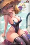  1girl black_legwear black_swimsuit breasts brown_hair casual_one-piece_swimsuit commentary cowboy_shot flower genshin_impact green_eyes hat highres large_breasts lips lisa_(genshin_impact) long_hair looking_at_viewer low_tied_hair miraihikariart one-piece_swimsuit pool_ladder purple_flower purple_rose rose solo sun_hat swimsuit thighhighs water 