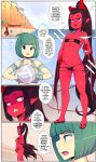  2girls absurdres alc.2873890 ball beach bikini black_hair blue_eyes blush bob_cut breasts broken_horn clenched_teeth colored_skin cup demon_girl english_text evdokiya_infernalis eyebrows_visible_through_hair eyepatch_bikini fang flat_chest full_body glass green_eyes green_hair highres holding holding_cup horns large_breasts long_hair looking_at_another micro_bikini multiple_girls navel open_mouth original palm_tree pointy_ears ponytail red_skin red_skirt sandals short_hair skirt slugbox smile speech_bubble standing swimsuit tail teeth tree volleyball volleyball_net yellow_skin 