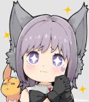  +_+ 1girl animal_ear_fluff animal_ears bangs bare_shoulders black_bow black_gloves blush bow cat_ears chibi closed_mouth eyebrows_visible_through_hair final_fantasy final_fantasy_xiv gloves grey_background hands_clasped hands_up haruken miqo&#039;te own_hands_together portrait purple_eyes purple_hair simple_background solo_focus sparkle 