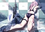  1girl against_wall angled_foregrip ar-15 armband back_cutout ball beachball clothing_cutout competition_swimsuit flip-flops full_body girls_frontline gun highres kneeling looking_at_viewer mishima_hiroji multicolored_hair one-piece_swimsuit pink_hair ponytail puddle rifle sandals scope solo st_ar-15_(girls_frontline) streaked_hair suppressor swimsuit weapon 