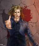  1boy arm_up blonde_hair blood blood_in_mouth cang_fade cobblestone facial_hair from_above highres long_coat lying male_focus on_back outstretched_hand silent_hill solo stubble walter_sullivan 